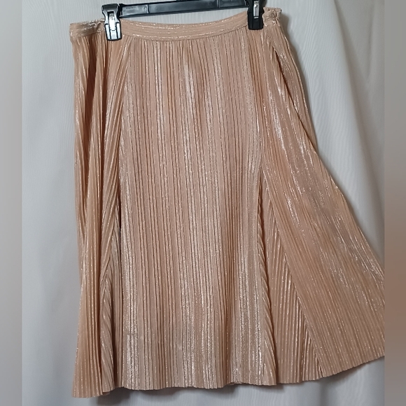 Anthropologie Maeve Ambra Pleated Pink Rose Metallic Midi Skirt. L - Picture 4 of 10
